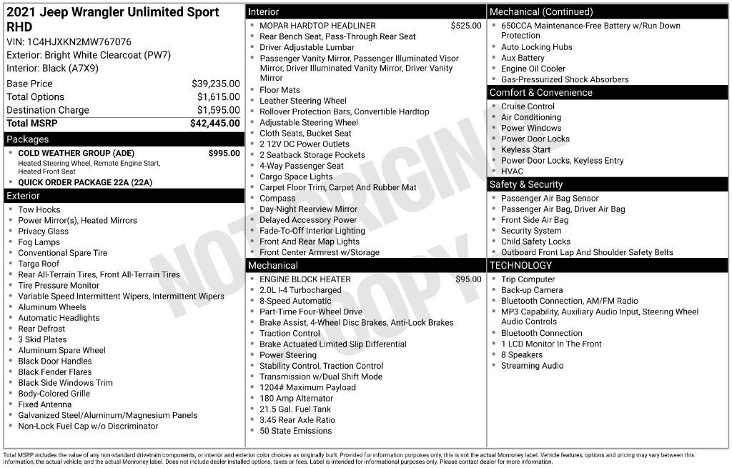 2021 Jeep Wrangler Unlimited Unlimited Sport RHD